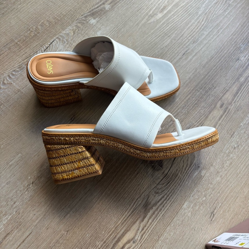 SARTO By Franco Sarto White Sandals with Woven Heel